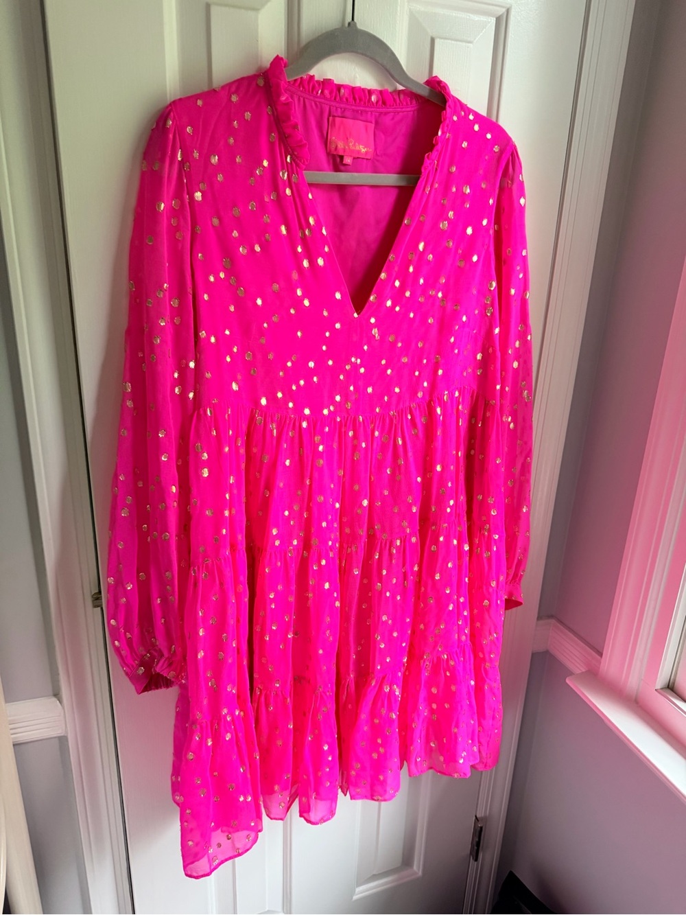 Lily Pulitzer Hot Pink Tiered Dress with Gold Dot Accents - Picture 2 of 7